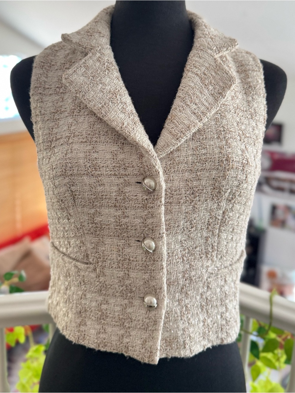 Textured Taupe Tweed Vest Jacket - Women's Sleeveless Coat